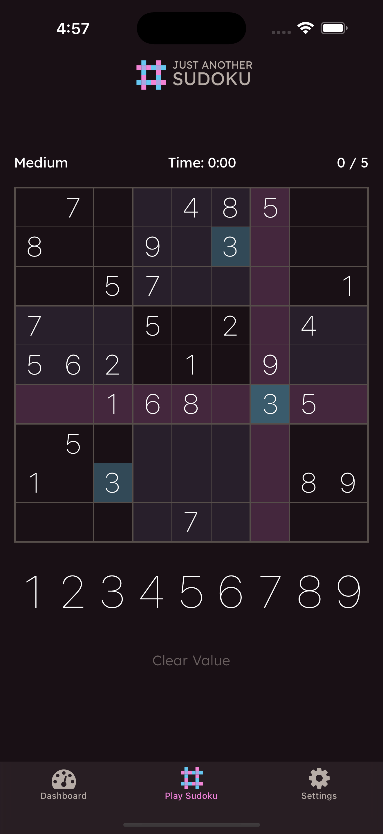 Screenshot of the Just Another Sudoku app on an iPhone in dark mode