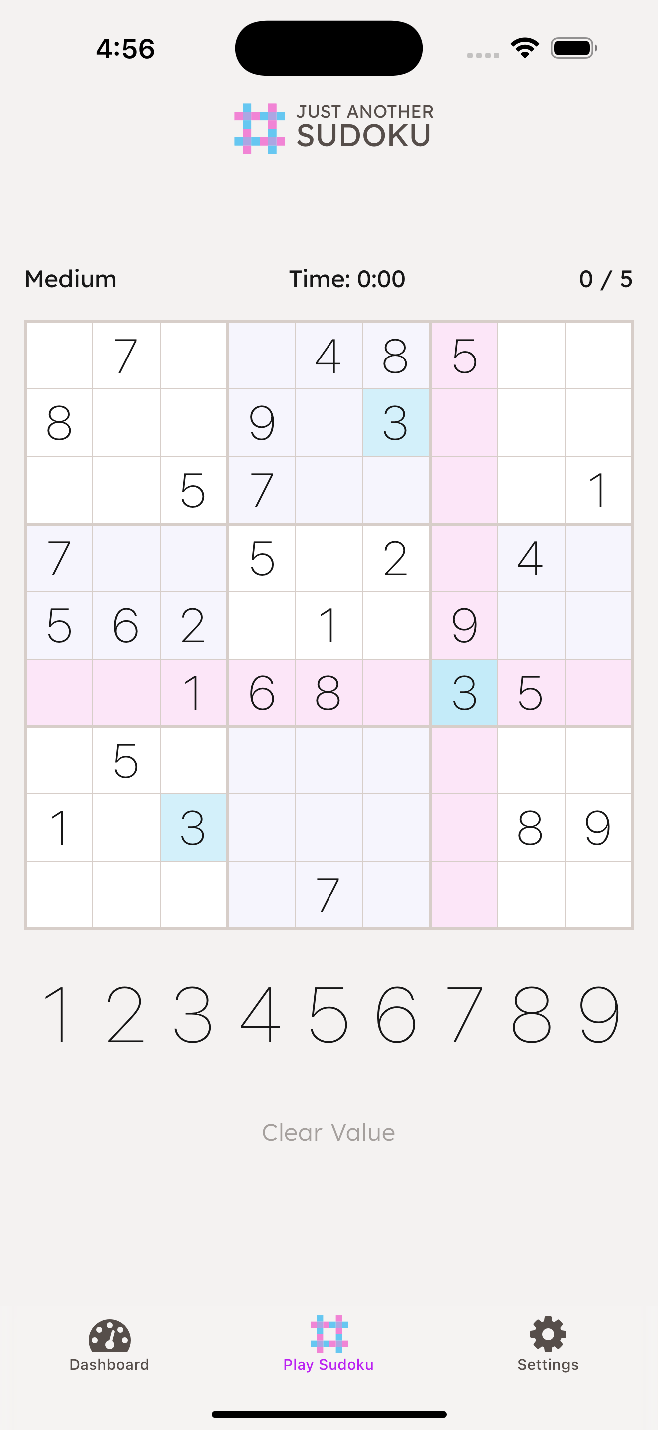 Screenshot of the Just Another Sudoku app on an iPhone in light mode
